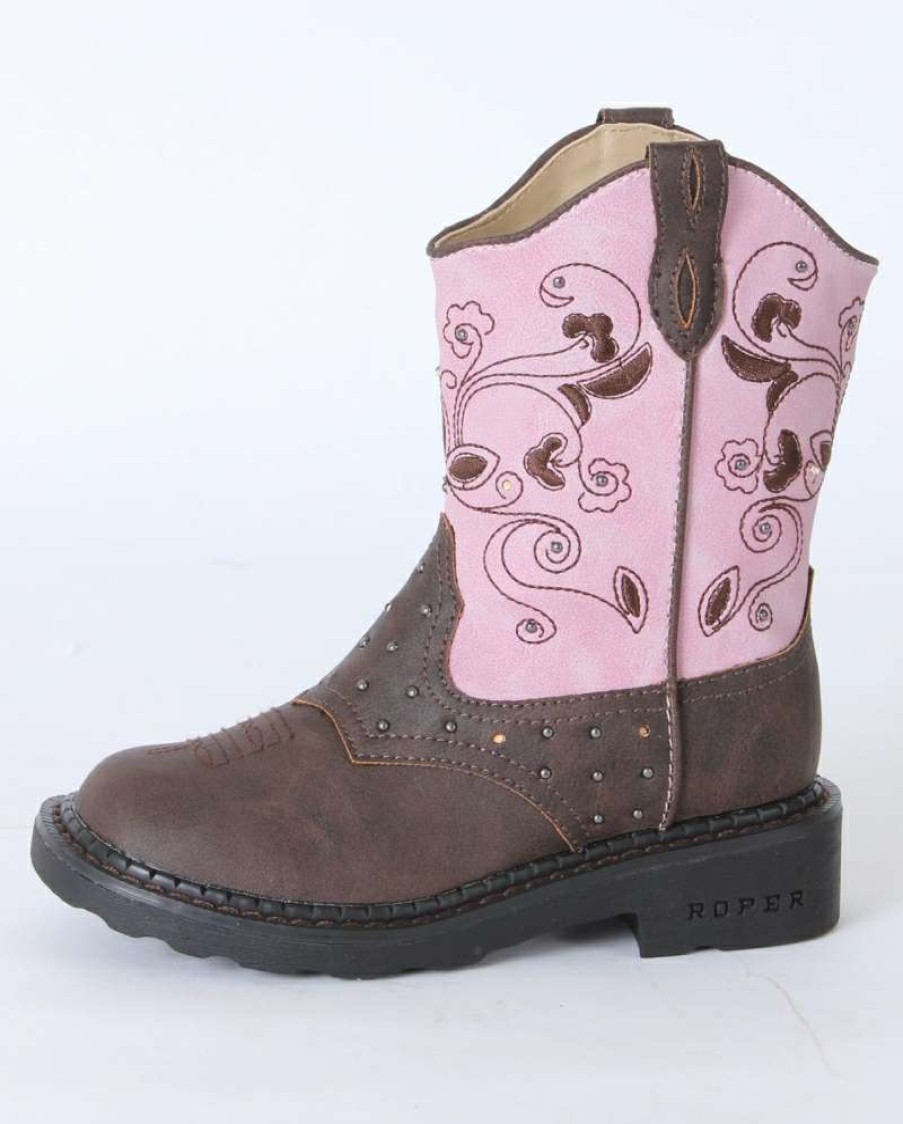 Cowboy Boots * | Opening Sales Roper Girls' Brown & Pink Dazzle Lights Boots Child