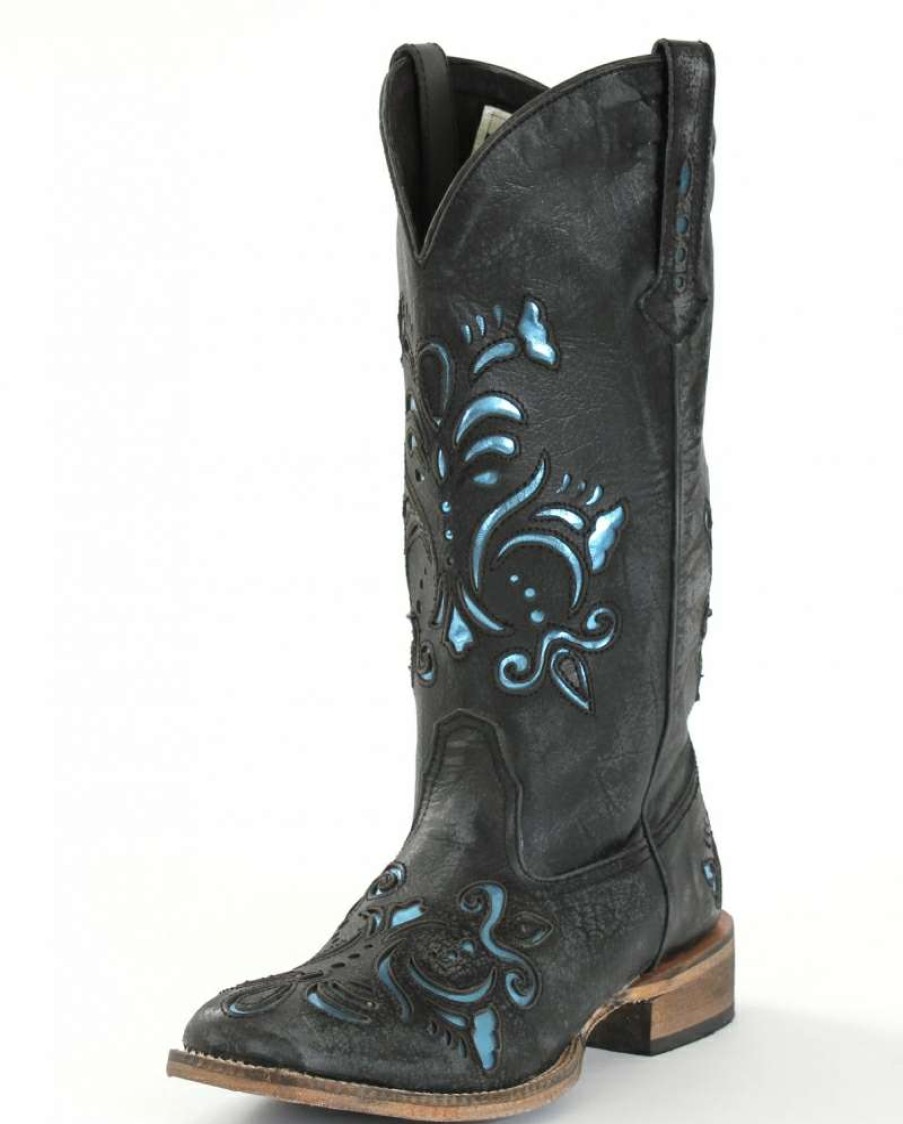 Cowboy Boots * | Classical Roper Ladies' Metallic Blue Inlay Boots