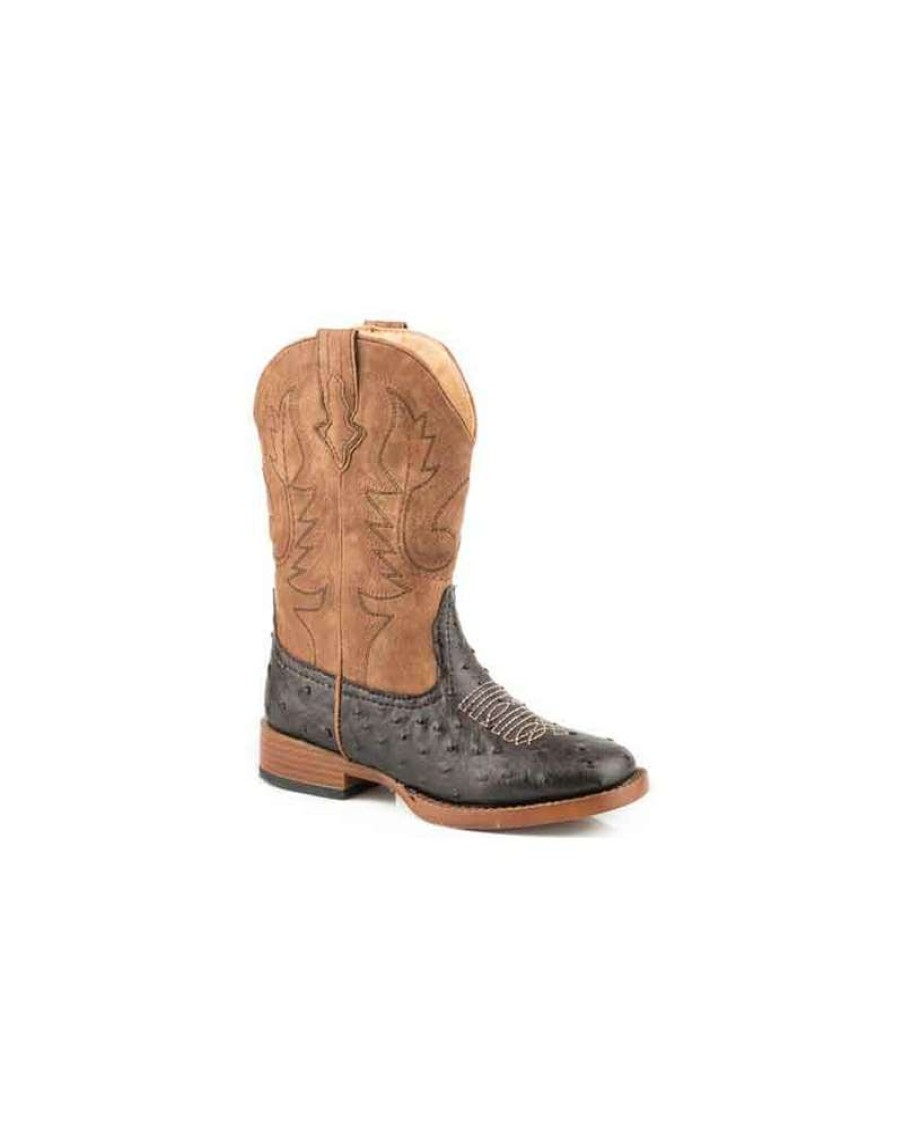 Cowboy Boots * | Reliable Quality Roper Kids' Rubber Sole Brown Faux Ostrich W/ Tan Shaft Boots