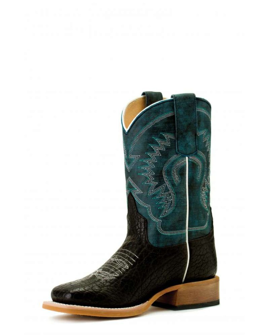 Cowboy Boots * | Special Horse Power Kids' Black Bull Hide W/Aqua Top